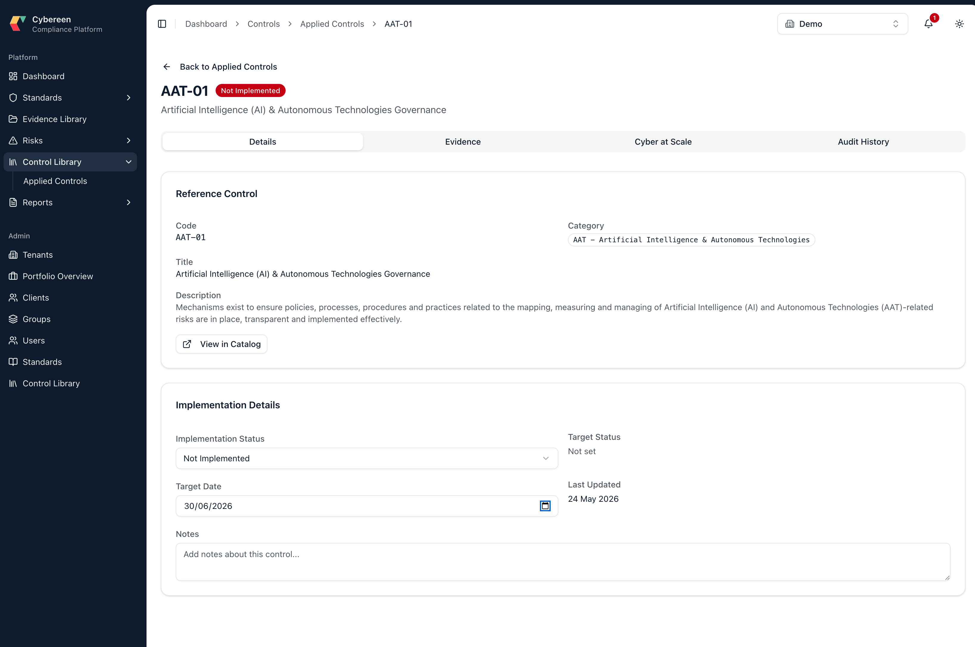 Cybereen v2.0 — control-driven: a single applied control with its reference definition, implementation status, evidence, and cross-standard mapping.