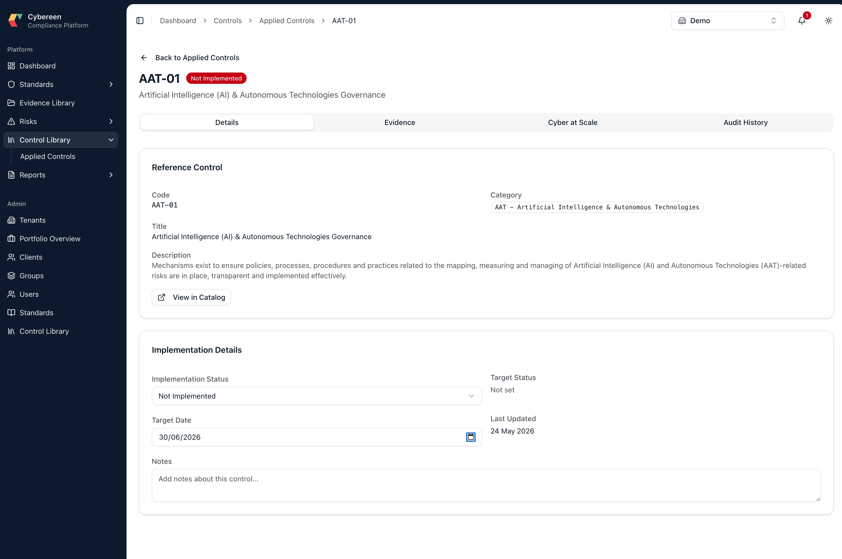 Cybereen v2.0 - control-driven: a single applied control with its reference definition, implementation status, evidence, and cross-standard mapping.