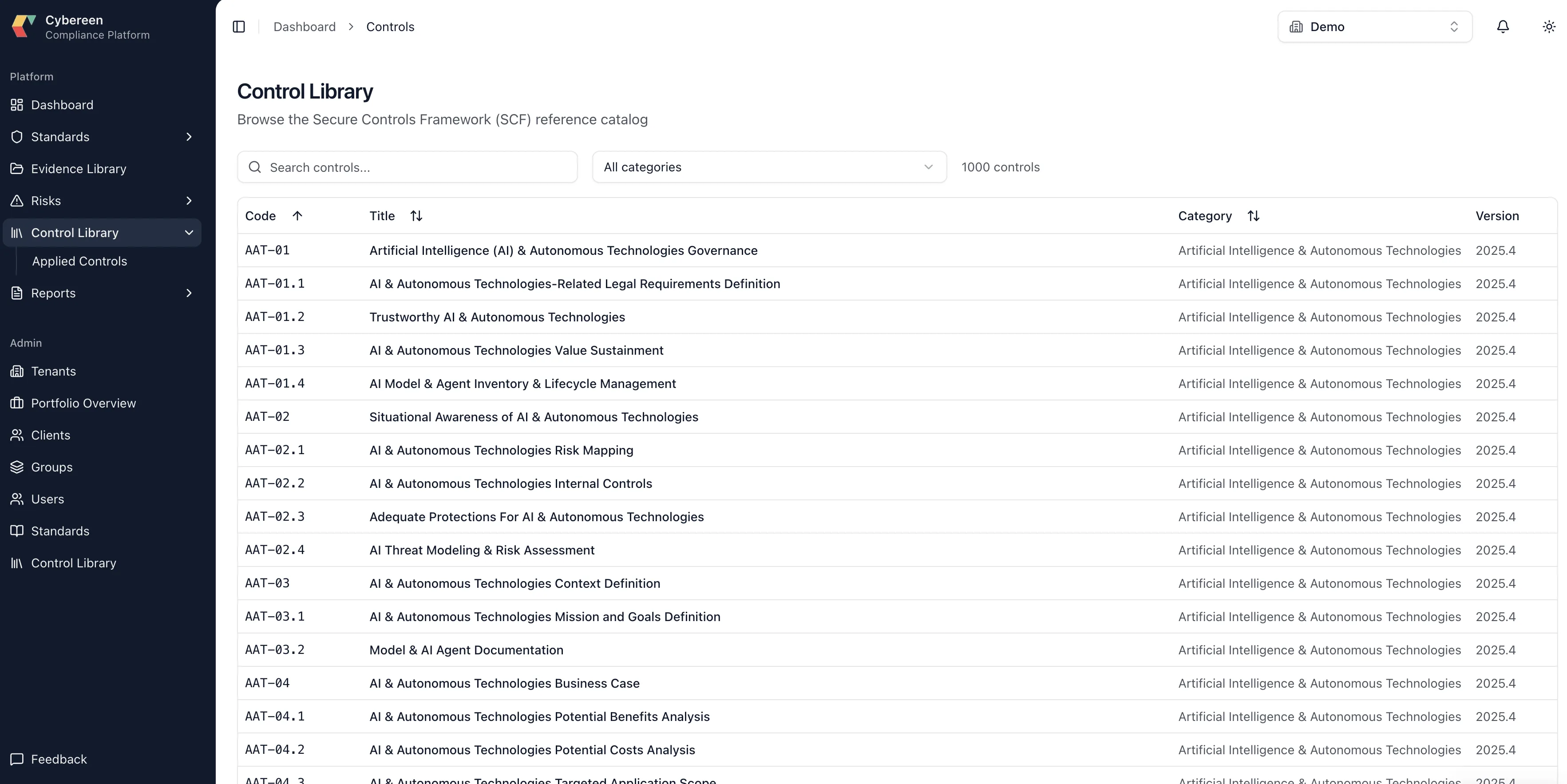 Control library - Secure Controls Framework reference catalogue, 1000 controls across 33 categories.