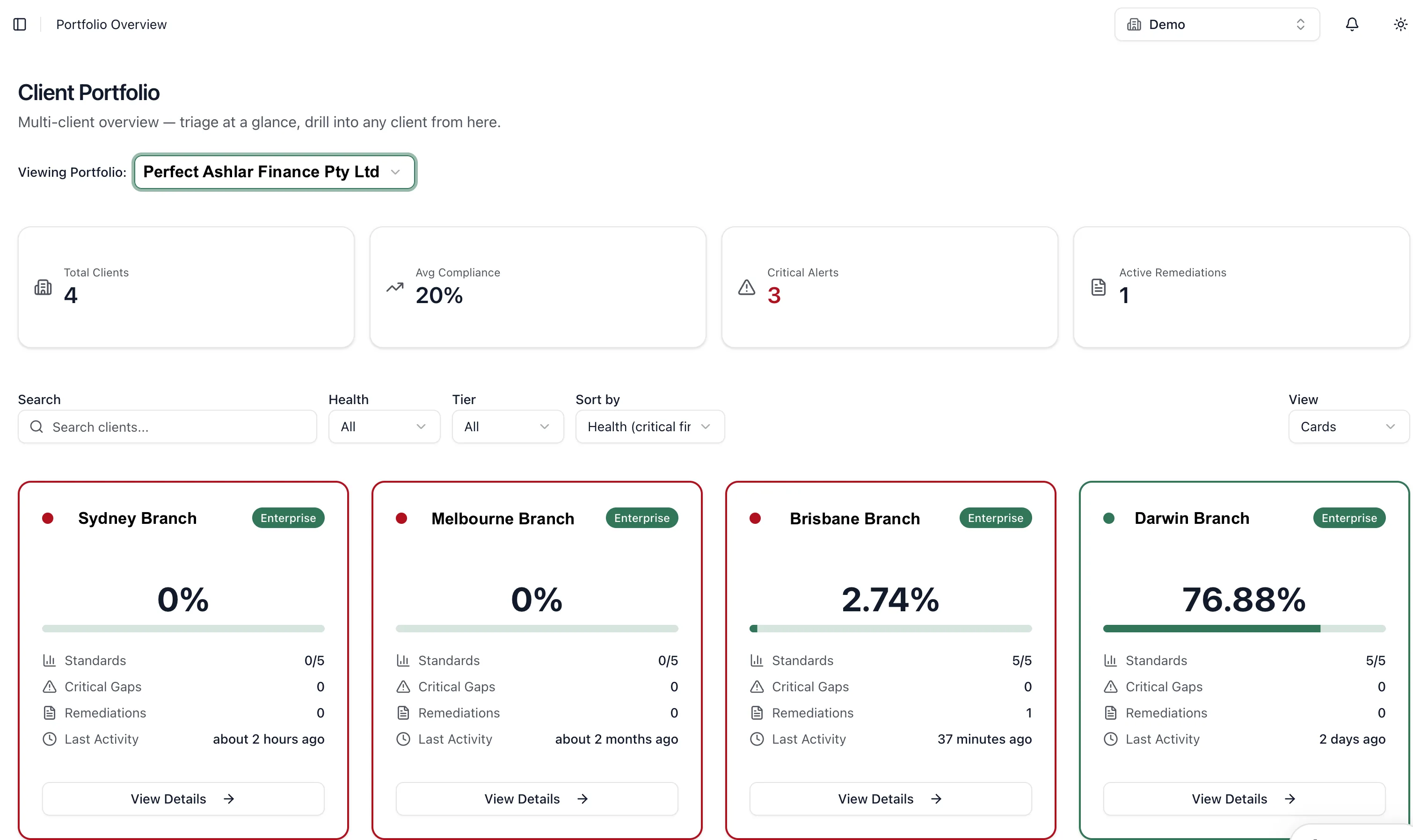 Portfolio overview - multi-client cockpit showing branch compliance scores at a glance.