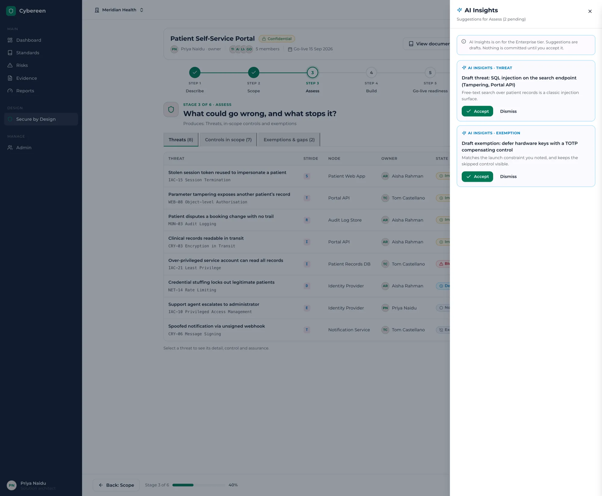 Cybereen Secure by Design - the AI Insights panel drafting threats and exemptions on the Assess stage, each suggestion with Accept or Dismiss