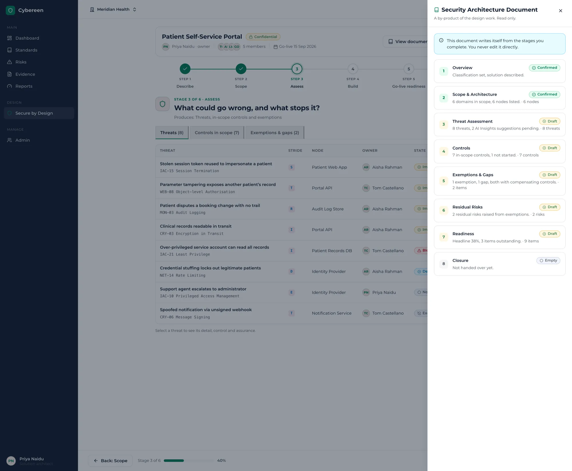 Cybereen Secure by Design - the Security Architecture Document panel assembling live beside the journey, each chapter marked Confirmed, Draft or Empty
